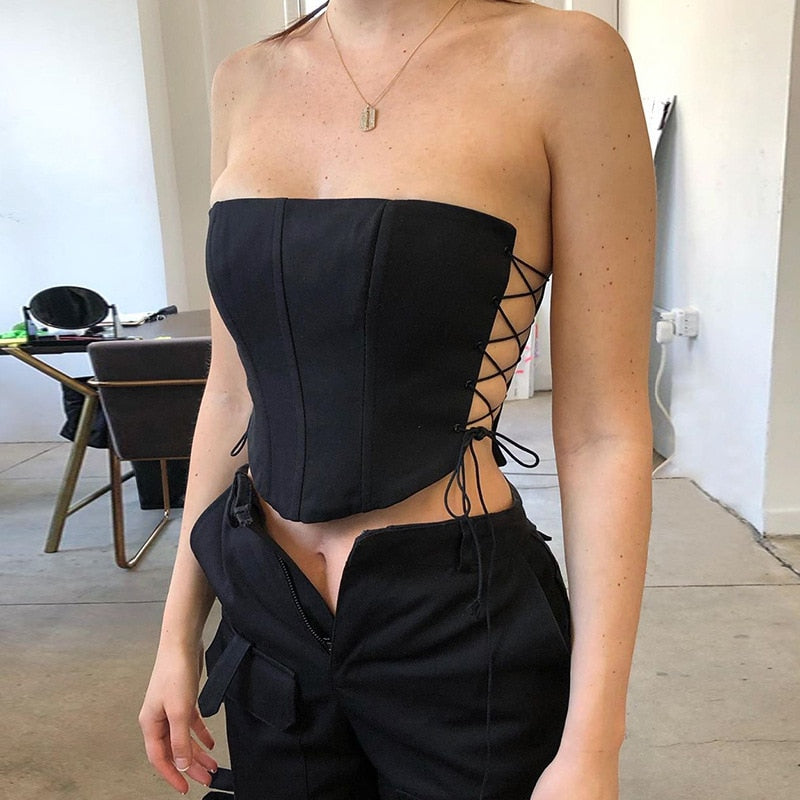 Cryptographic Off Shoulder Strapless Lace Up Sexy Bustier Corset Crop Top