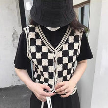 Load image into Gallery viewer, Black Geometric Plaid Crochet Sweater Vest
