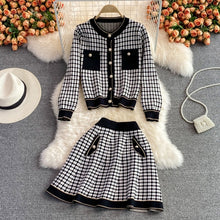 Load image into Gallery viewer, Knitted 2 Piece Plaid Cardigan Crop Top + Mini Skirt Set
