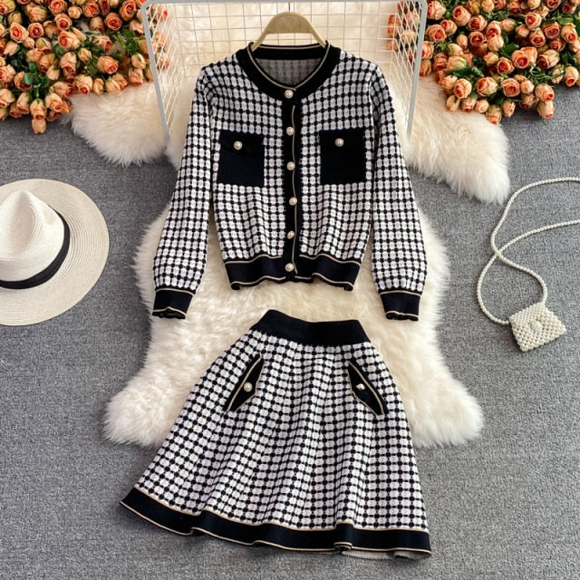 Knitted 2 Piece Plaid Cardigan Crop Top + Mini Skirt Set